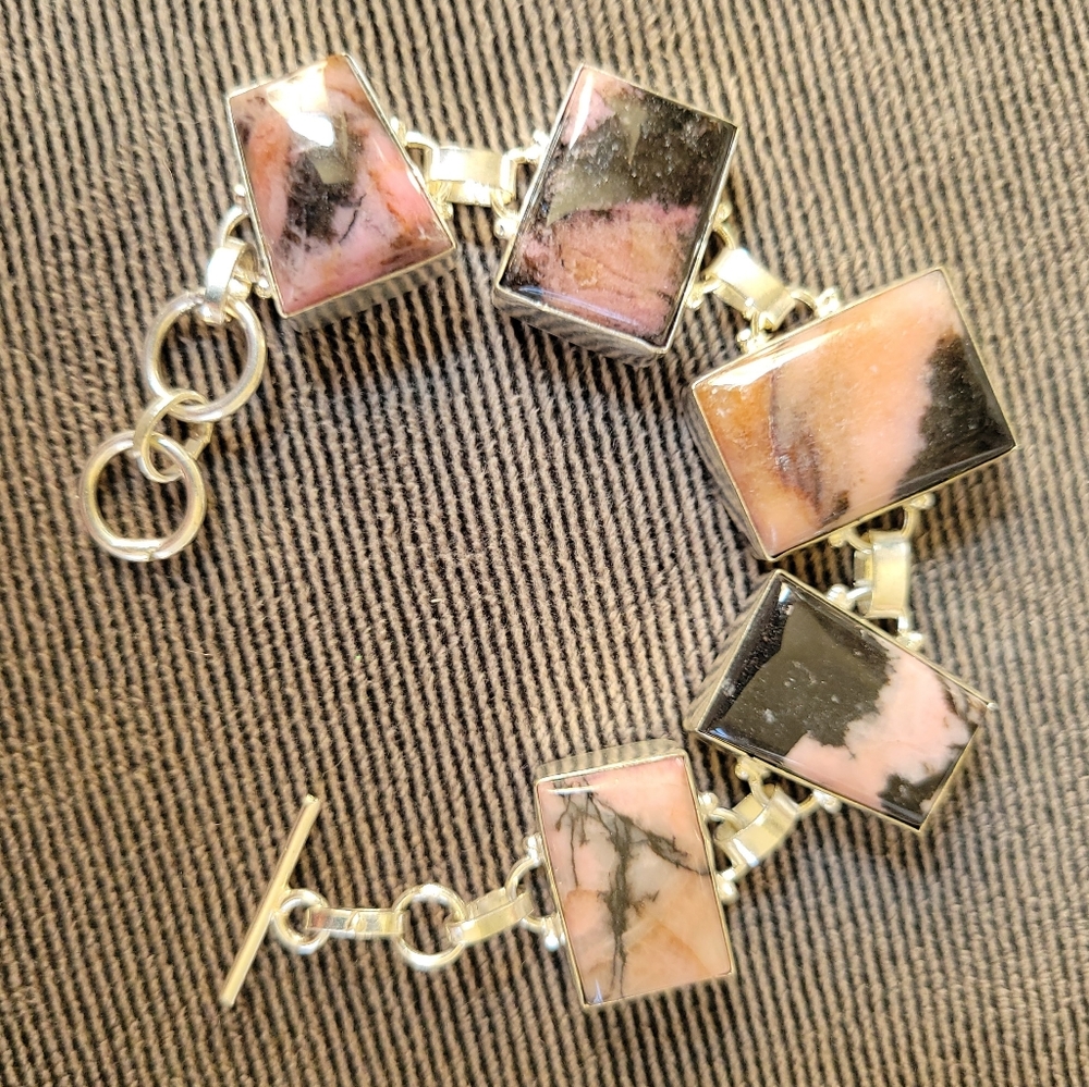 Pink black Rhodonite gemstone silver link bracelet